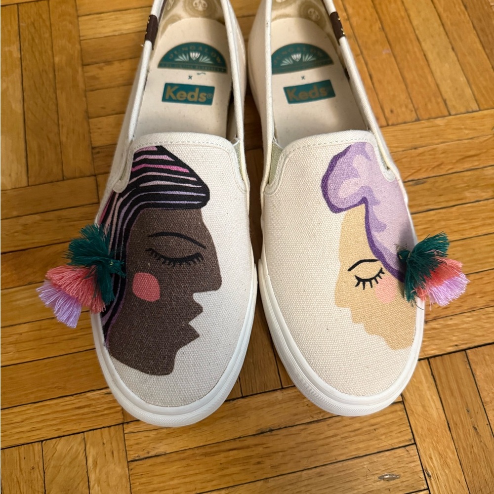 Keds Women's Canvas Slip-On Sneakers - Cream with Artistic Faces